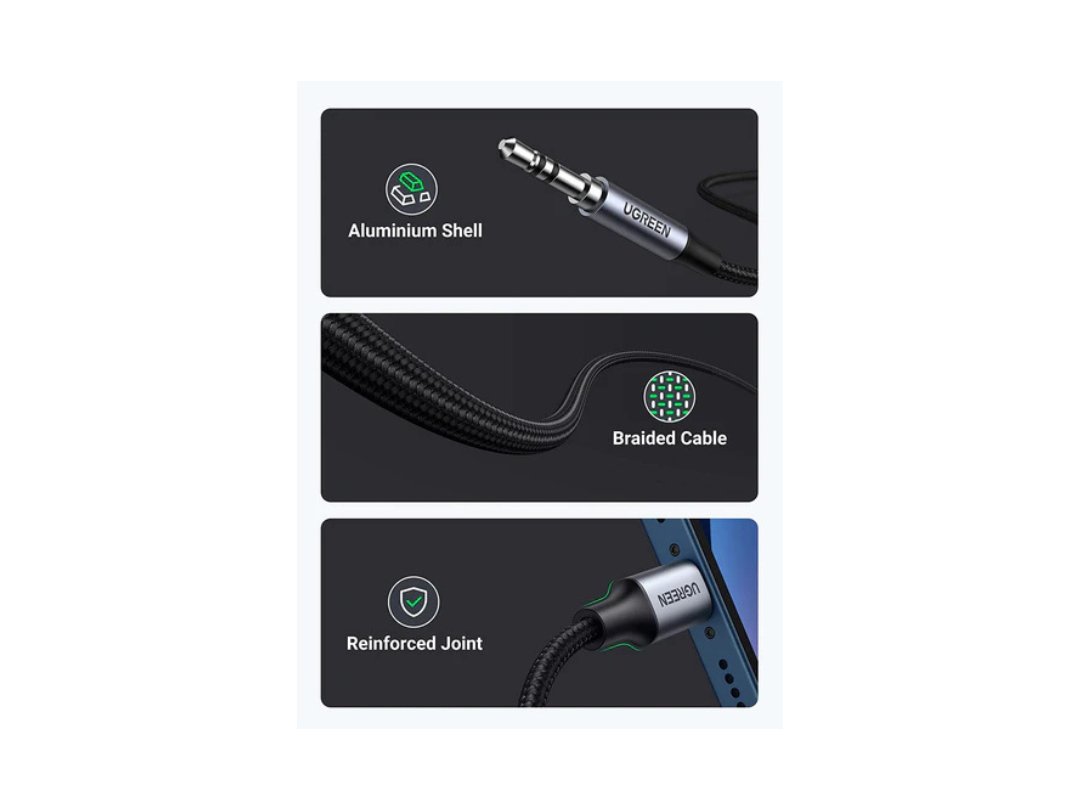 كابل Lightning إلى Aux مقاس 3.5 مم مضفر من uGreen MFI (معتمد من Apple) بطول 1 متر (أسود) US315-70509 كابل Lightning إلى Aux مقاس 3.5 مم مضفر من uGreen MFI (معتمد من Apple) بطول 1 متر (أسود) US315-70509